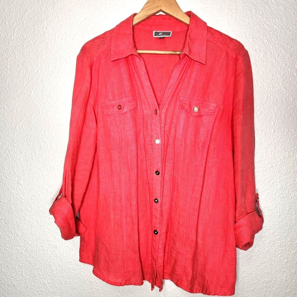 JM Collection Coral Red Top Linen Pintuck Roll Tab Long Sleeve Women's Size 14